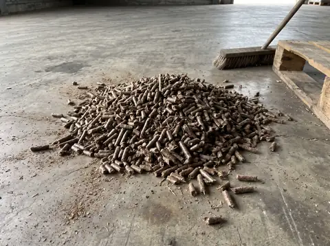 A heap of dark brown biomass pellets on a concrete floor