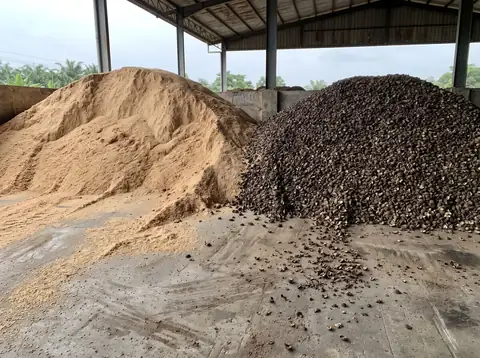 A heap of sawdust next to a heap of palm kernel shell