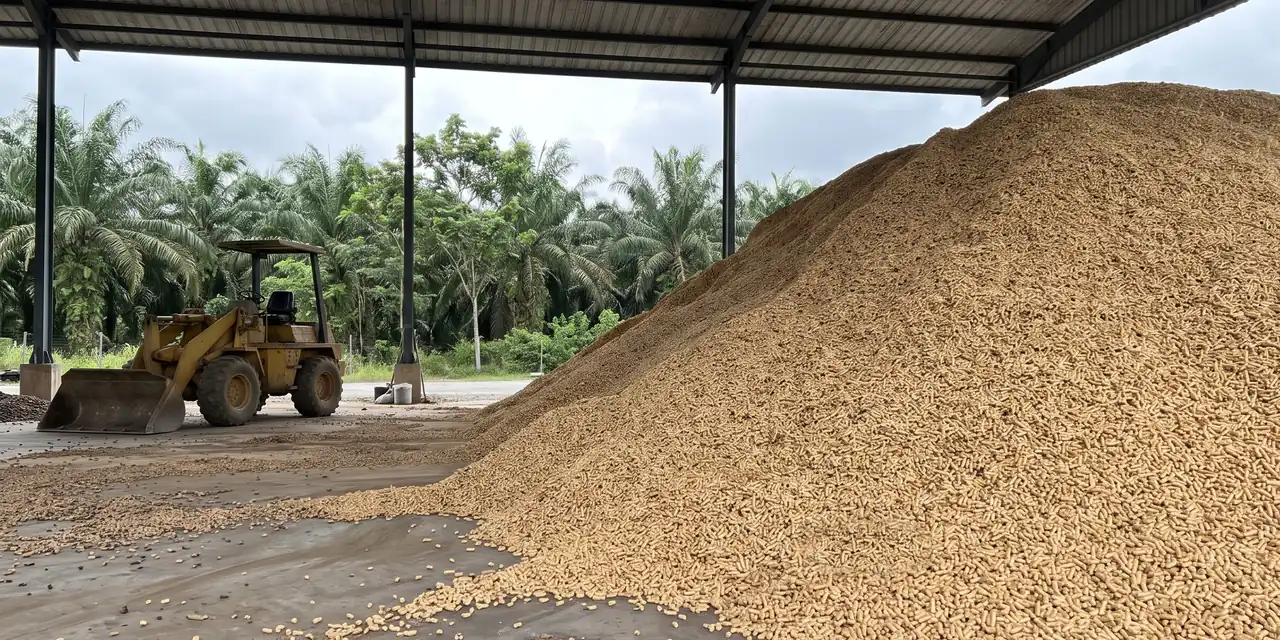 A heap of wood pellets in an open-sided storage shed, with palm trees outside